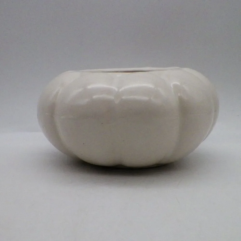 Mid Century Modern Ribbed Melon Planter White Glazed Ceramic Vintage
